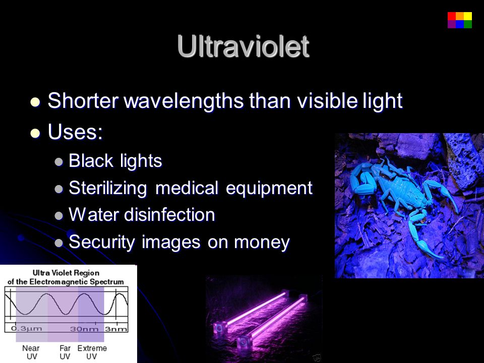 Ultraviolet Shorter wavelengths than visible light Uses: Black lights