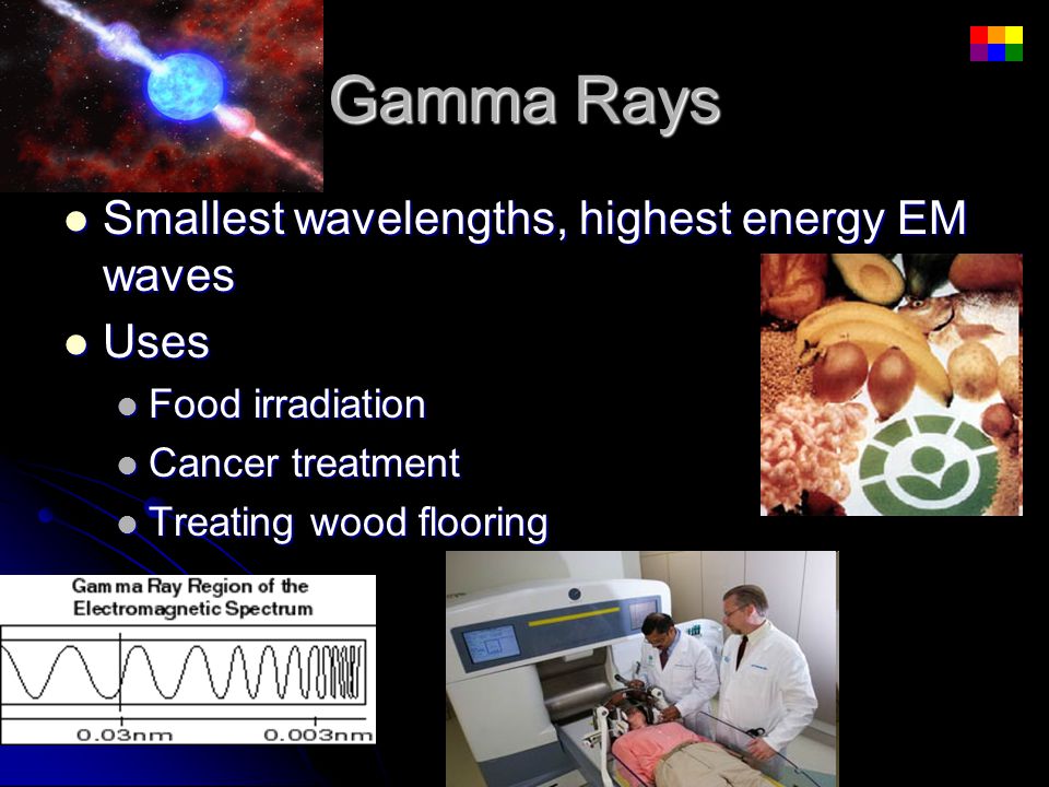 Gamma Rays Smallest wavelengths, highest energy EM waves Uses