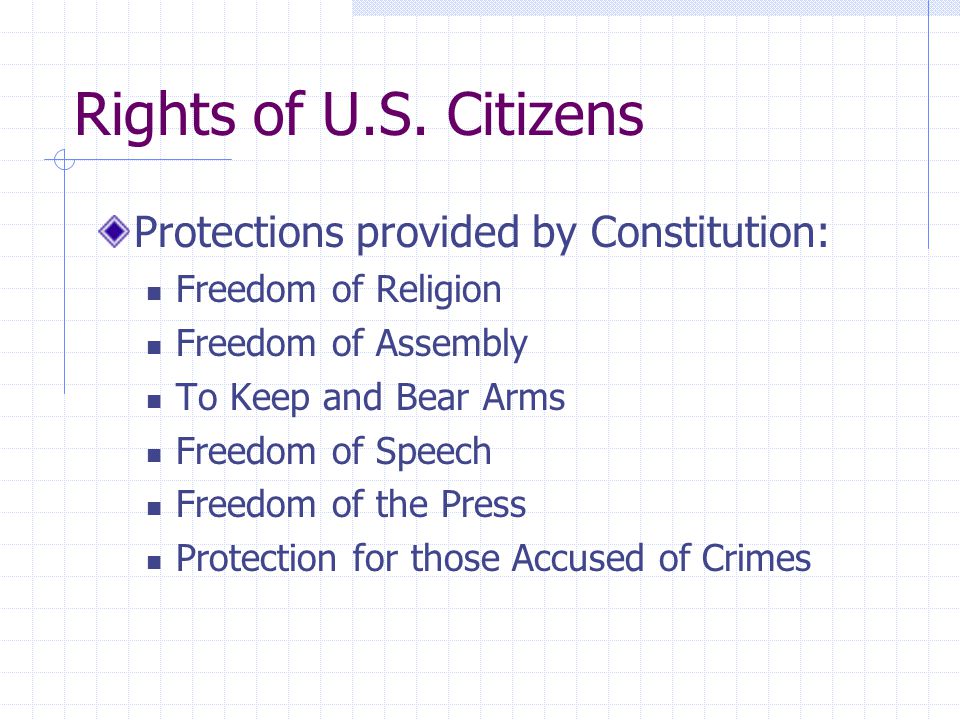 Rights of U.S. Citizens Protections provided by Constitution: