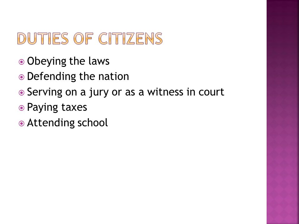 Duties of Citizens Obeying the laws Defending the nation