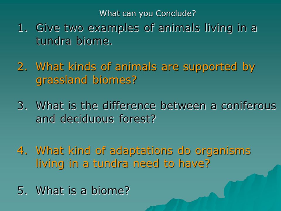 1. Give two examples of animals living in a tundra biome.