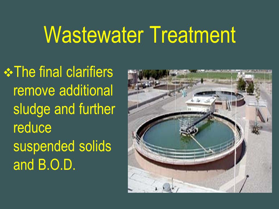 Wastewater Treatment The final clarifiers remove additional sludge and further reduce suspended solids and B.O.D.