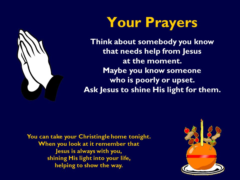 Your Prayers Think about somebody you know that needs help from Jesus