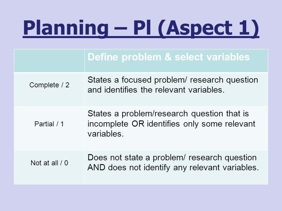Planning – Pl (Aspect 1) Define problem & select variables