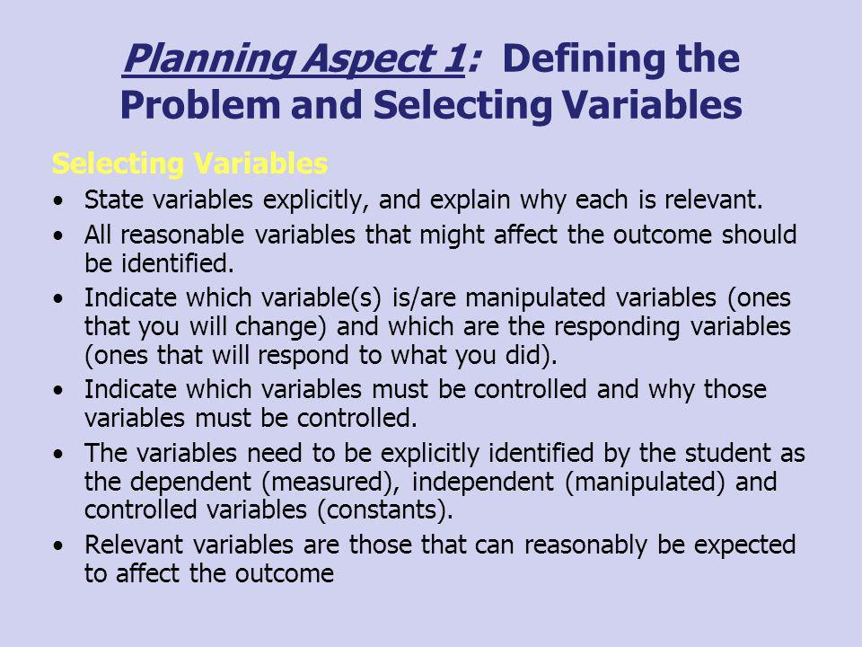 Planning Aspect 1: Defining the Problem and Selecting Variables