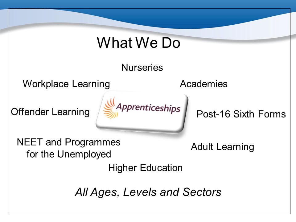 What We Do All Ages, Levels and Sectors Nurseries Workplace Learning