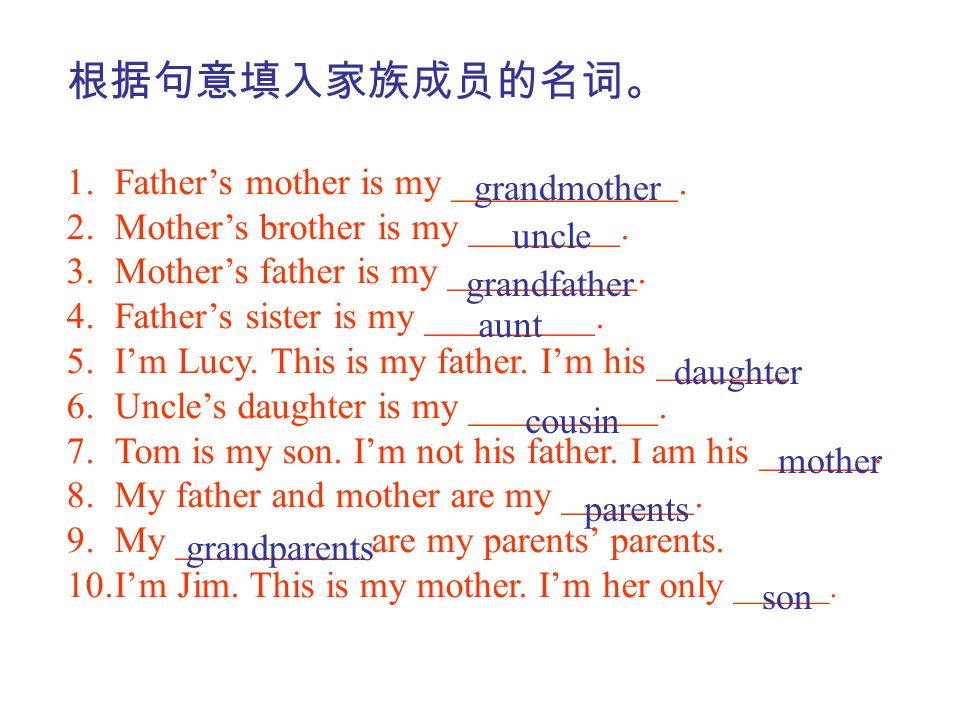 根据句意填入家族成员的名词。 Father’s mother is my ____________.