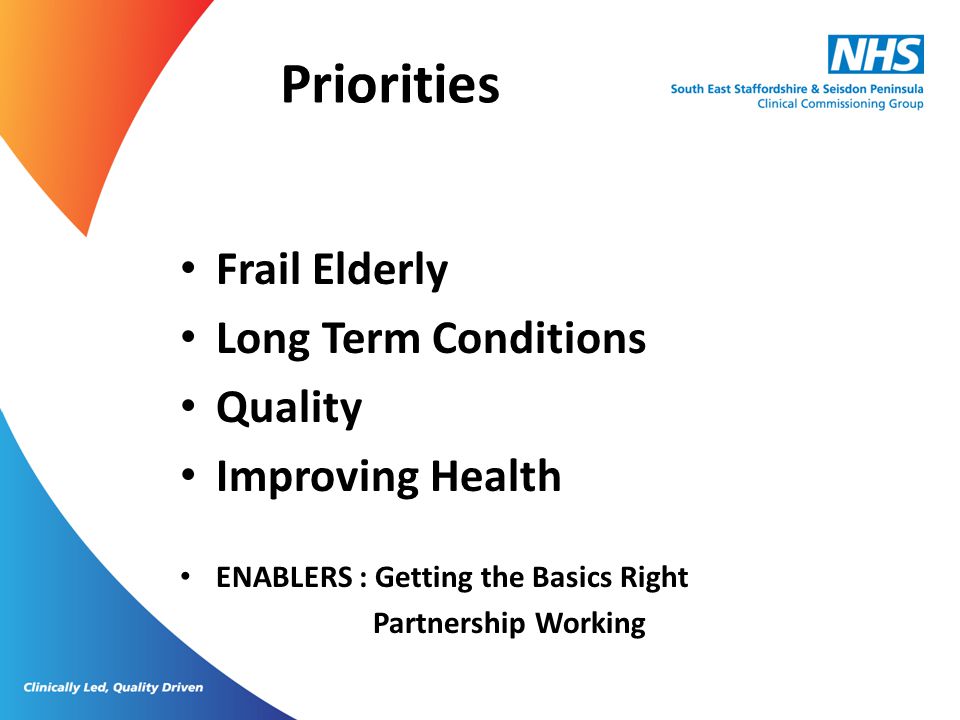 Priorities Frail Elderly Long Term Conditions Quality Improving Health