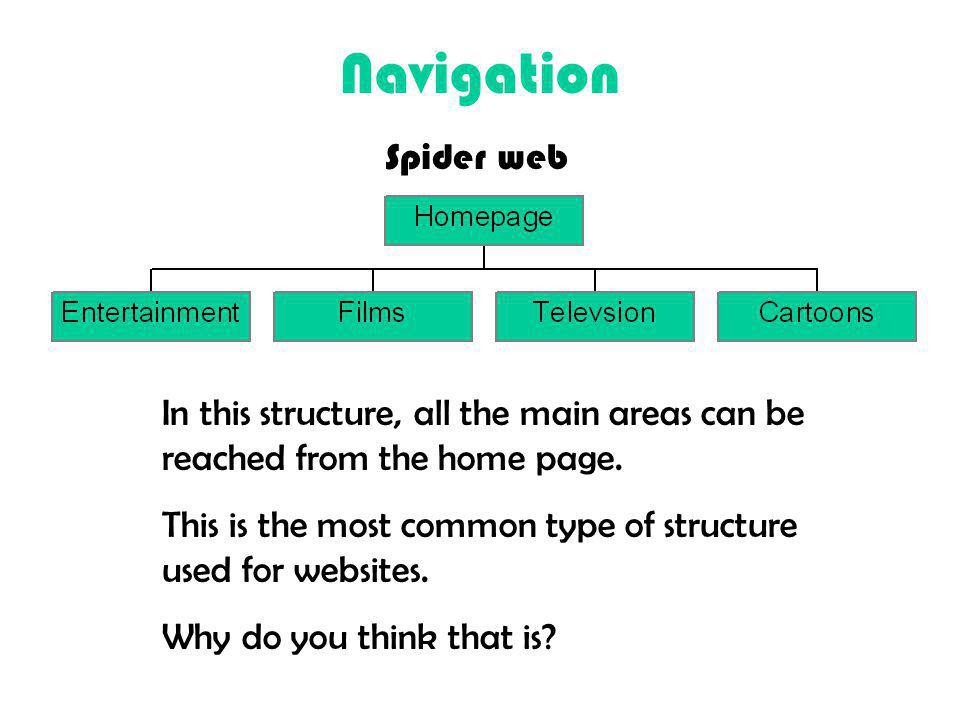 Navigation Spider web. In this structure, all the main areas can be reached from the home page.