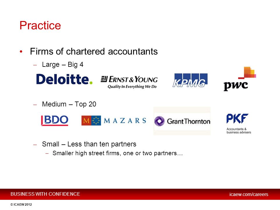 Practice Firms of chartered accountants Large – Big 4 Medium – Top 20