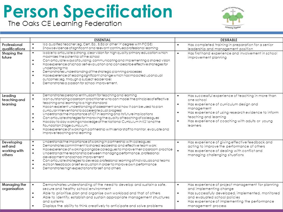 Person Specification The Oaks CE Learning Federation ESSENTIAL
