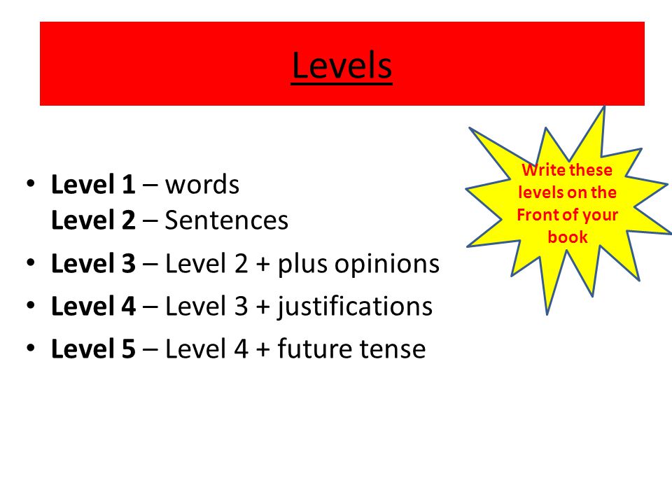 Write these levels on the Front of your book