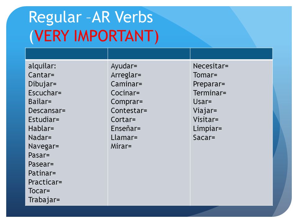 Regular –AR Verbs (VERY IMPORTANT)