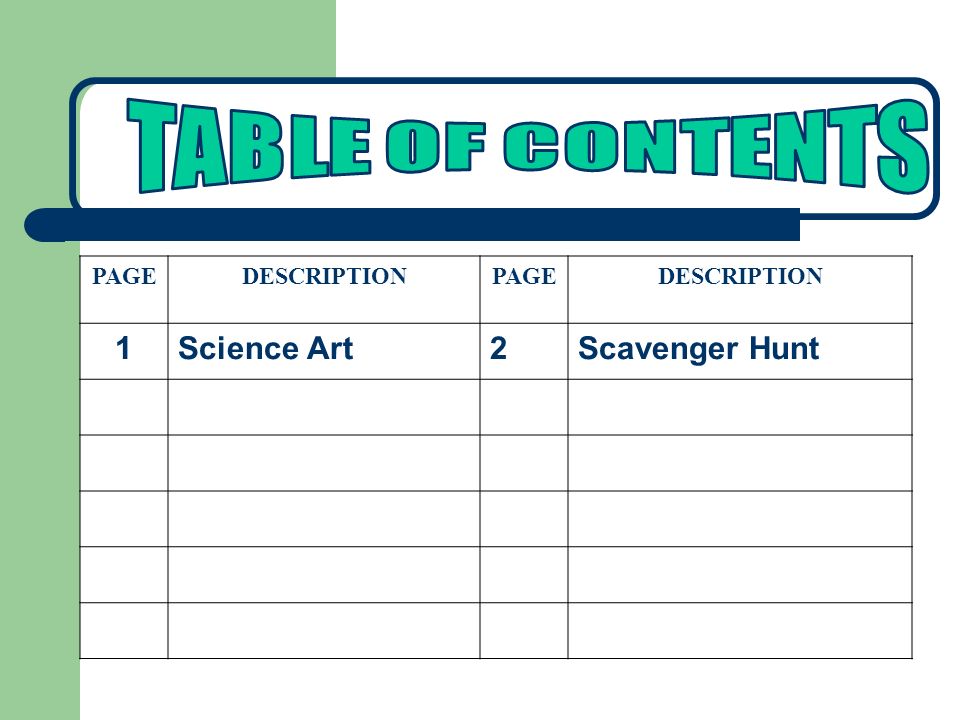 TABLE OF CONTENTS PAGE DESCRIPTION 1 Science Art 2 Scavenger Hunt