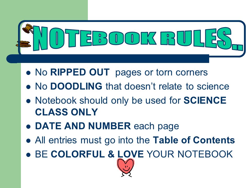 NOTEBOOK RULES.. No RIPPED OUT pages or torn corners