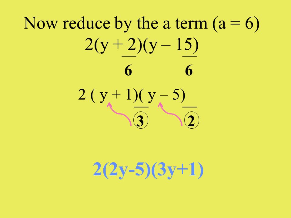 Now reduce by the a term (a = 6) 2(y + 2)(y – 15)