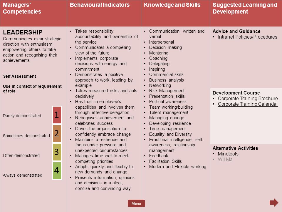 LEADERSHIP Managers’ Competencies Behavioural Indicators
