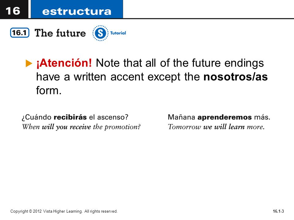 ¡Atención! Note that all of the future endings have a written accent except the nosotros/as form.