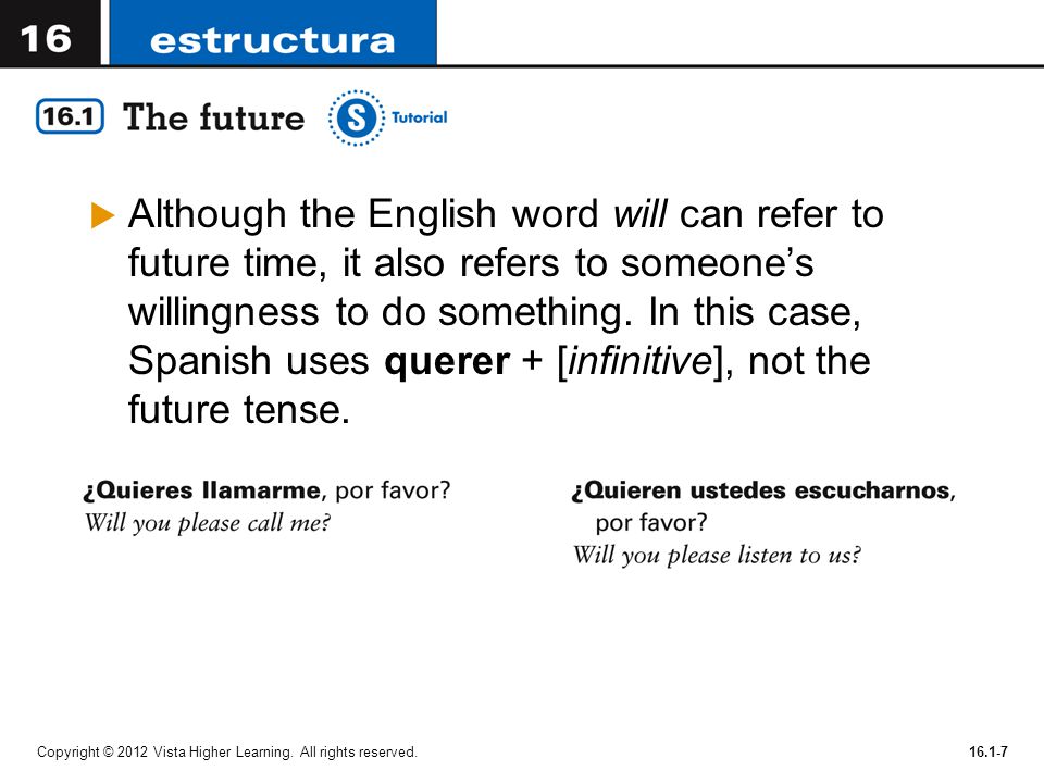 Although the English word will can refer to future time, it also refers to someone’s willingness to do something. In this case, Spanish uses querer + [infinitive], not the future tense.