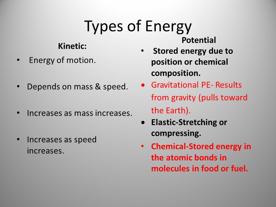 Types of Energy Potential Kinetic: