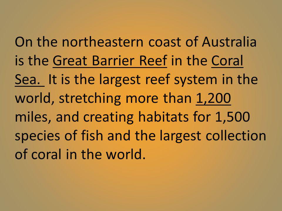 On the northeastern coast of Australia is the Great Barrier Reef in the Coral Sea.