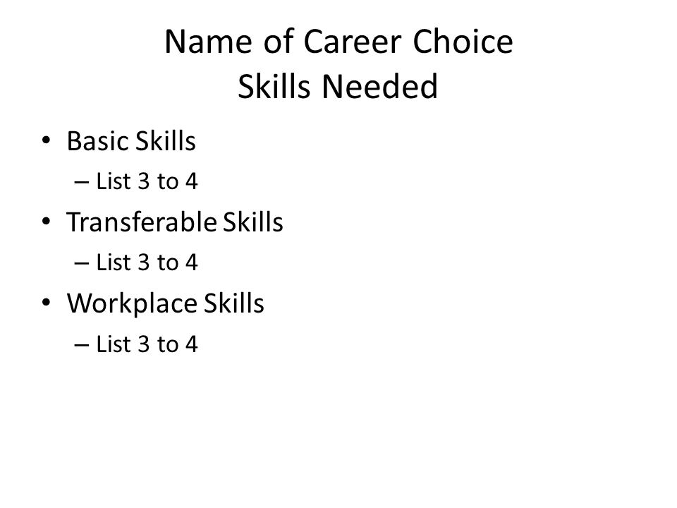 Name of Career Choice Skills Needed