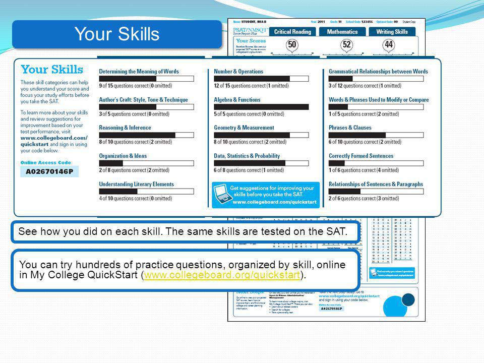 Your Skills See how you did on each skill. The same skills are tested on the SAT. Your Skills Section.