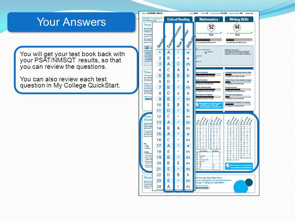 Your Answers You will get your test book back with your PSAT/NMSQT results, so that you can review the questions.