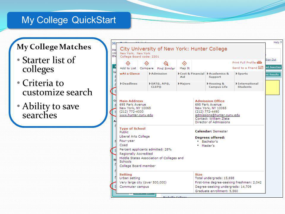 Starter list of colleges Criteria to customize search