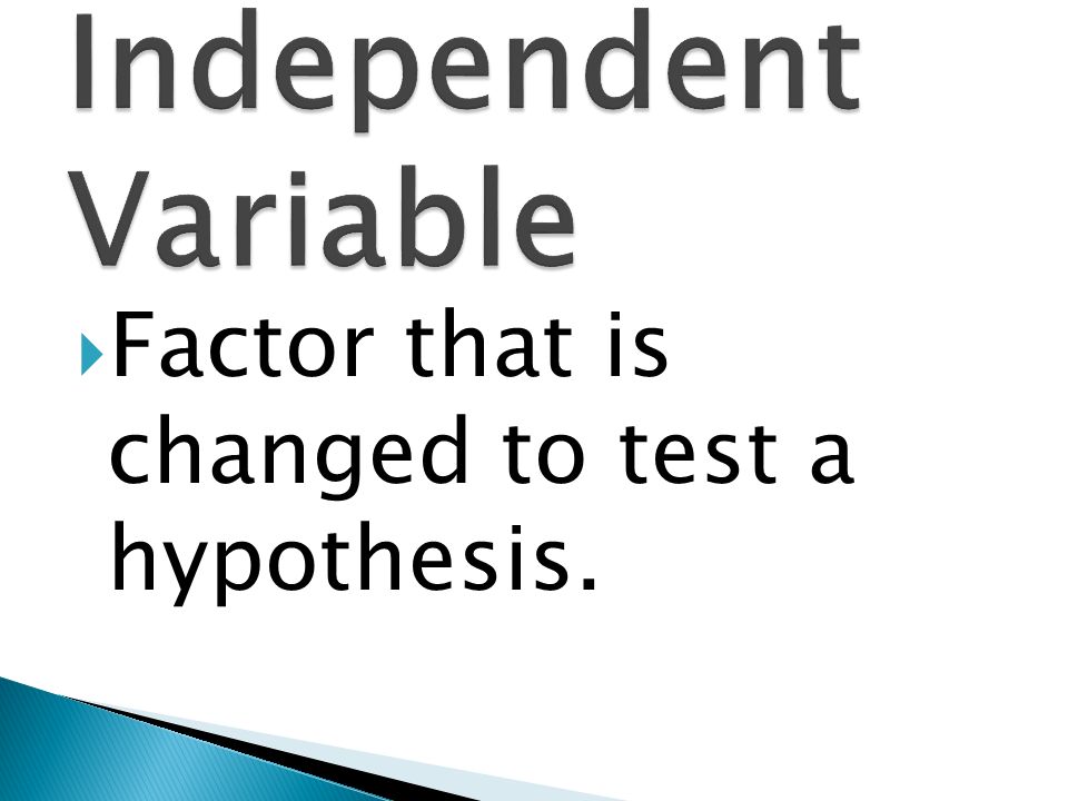 Independent Variable Factor that is changed to test a hypothesis.