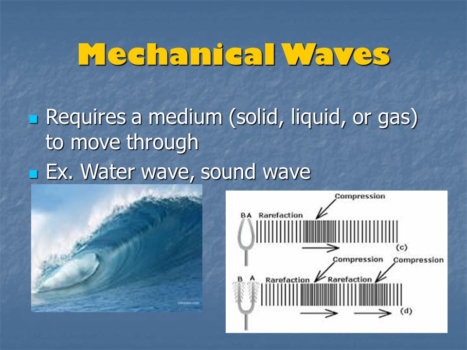 Mechanical Waves Requires a medium (solid, liquid, or gas) to move through.