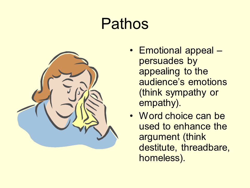 Pathos Emotional appeal – persuades by appealing to the audience’s emotions (think sympathy or empathy).