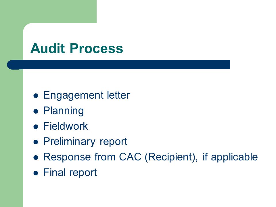 Audit Process Engagement letter Planning Fieldwork Preliminary report