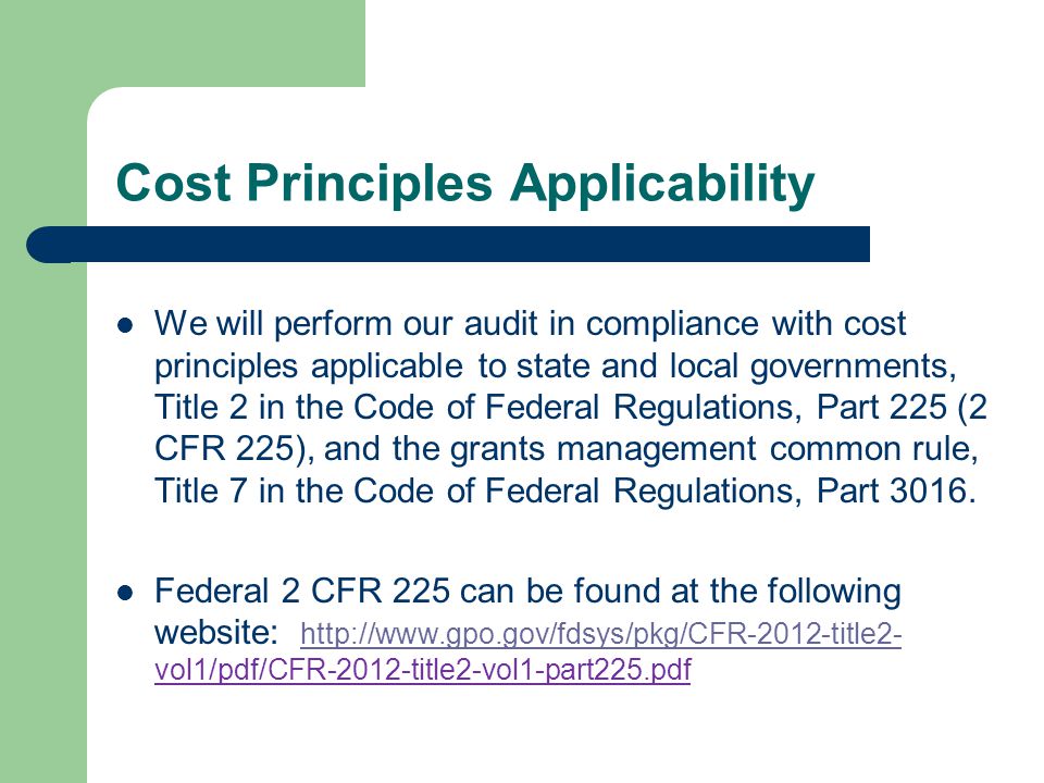 Cost Principles Applicability