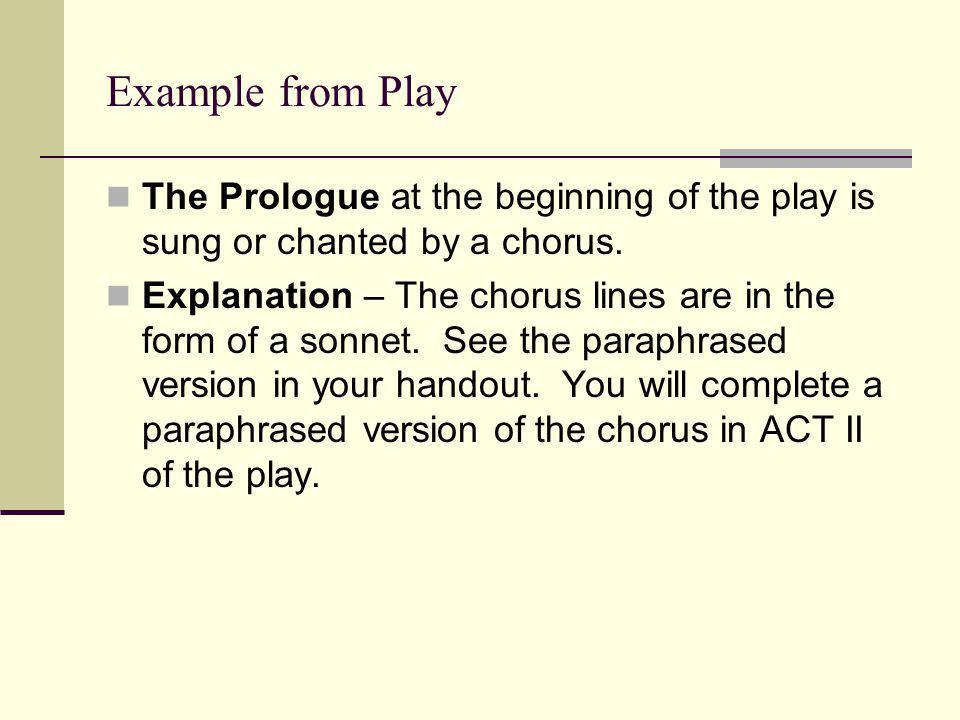 Example from Play The Prologue at the beginning of the play is sung or chanted by a chorus.