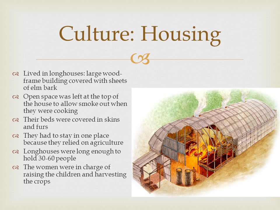 Culture: Housing Lived in longhouses: large wood-frame building covered with sheets of elm bark.