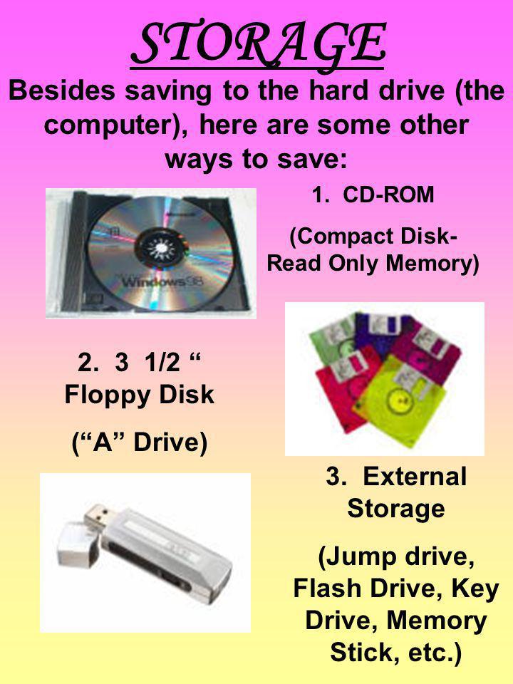 STORAGE Besides saving to the hard drive (the computer), here are some other ways to save: 1. CD-ROM.