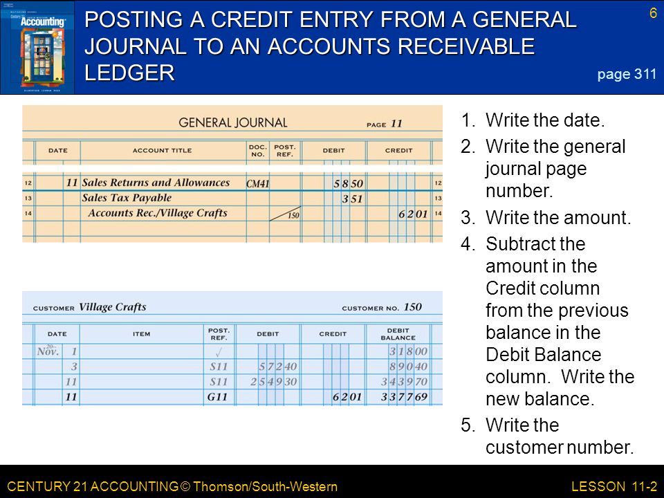 POSTING A CREDIT ENTRY FROM A GENERAL JOURNAL TO AN ACCOUNTS RECEIVABLE LEDGER