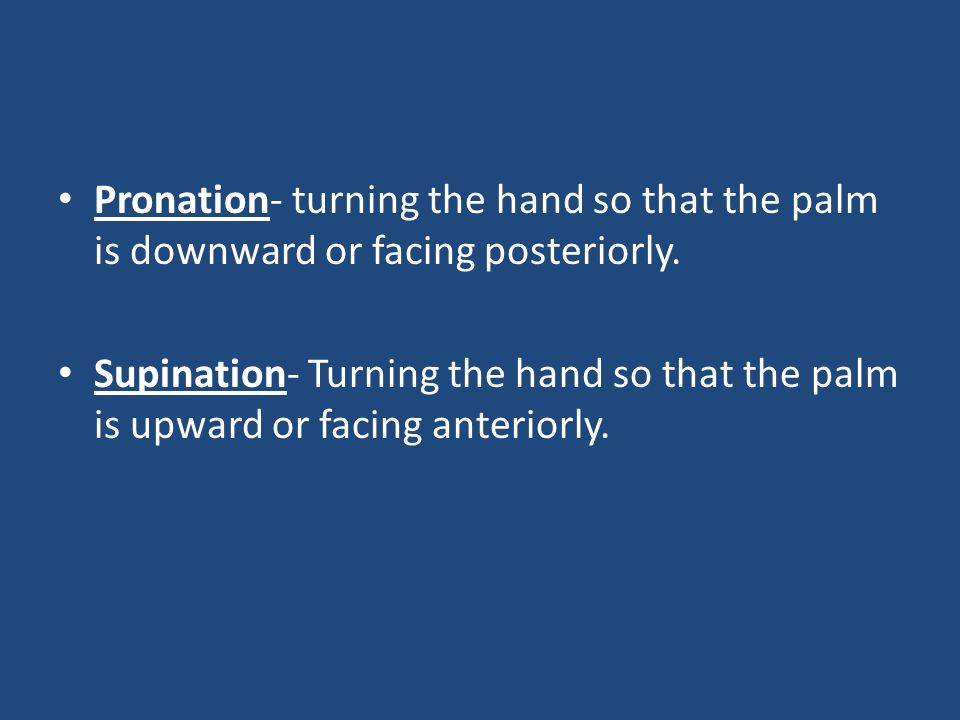 Pronation- turning the hand so that the palm is downward or facing posteriorly.