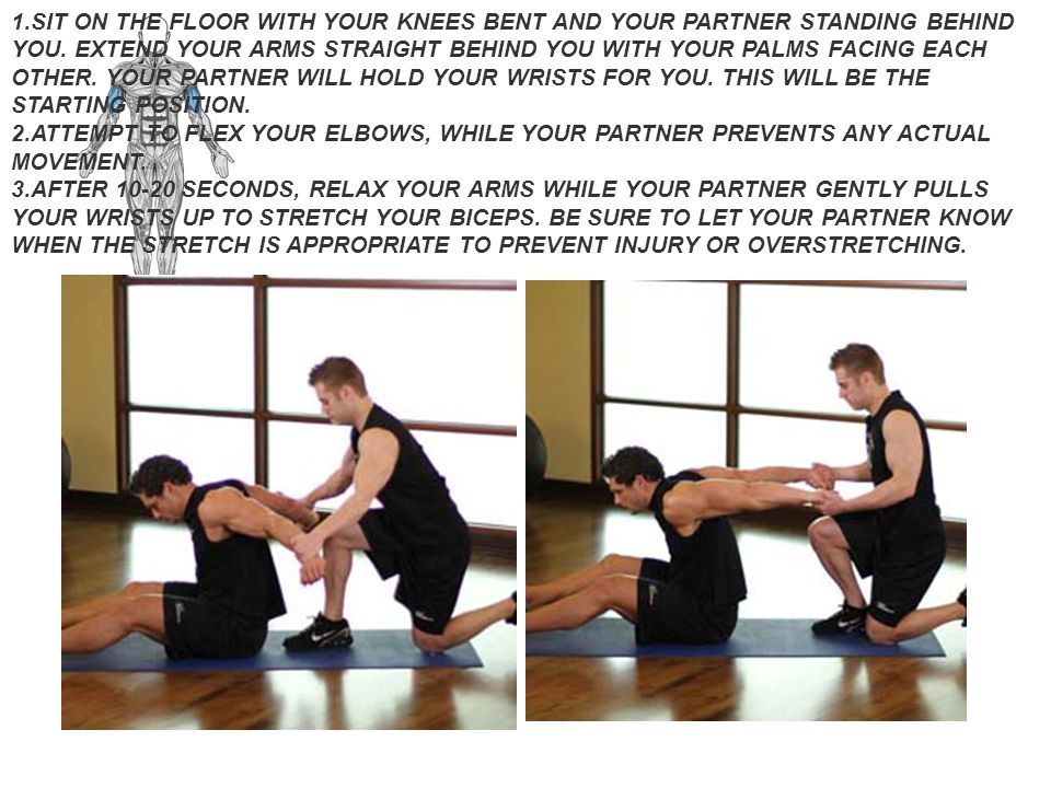 SIT ON THE FLOOR WITH YOUR KNEES BENT AND YOUR PARTNER STANDING BEHIND YOU. EXTEND YOUR ARMS STRAIGHT BEHIND YOU WITH YOUR PALMS FACING EACH OTHER. YOUR PARTNER WILL HOLD YOUR WRISTS FOR YOU. THIS WILL BE THE STARTING POSITION.