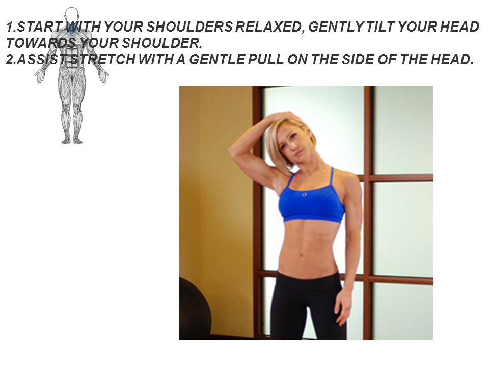 ASSIST STRETCH WITH A GENTLE PULL ON THE SIDE OF THE HEAD.