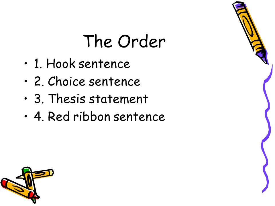 The Order 1. Hook sentence 2. Choice sentence 3. Thesis statement