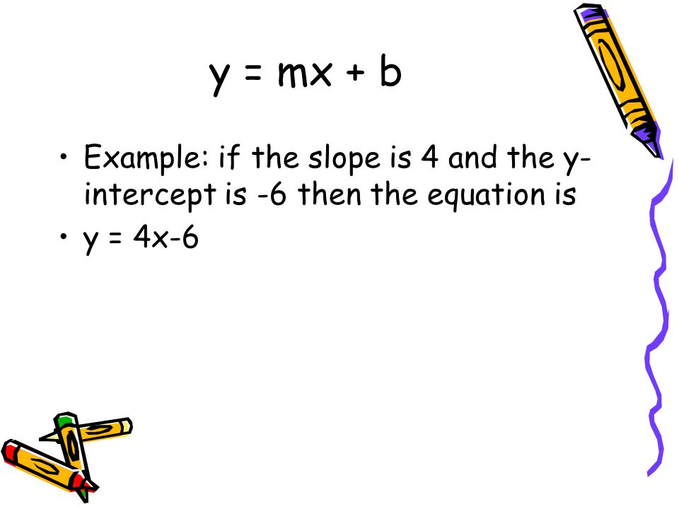 y = mx + b Example: if the slope is 4 and the y-intercept is -6 then the equation is y = 4x-6