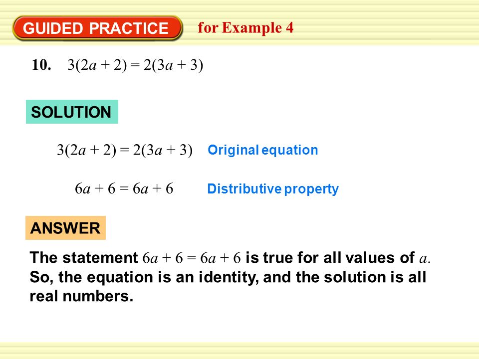 GUIDED PRACTICE for Example (2a + 2) = 2(3a + 3) SOLUTION