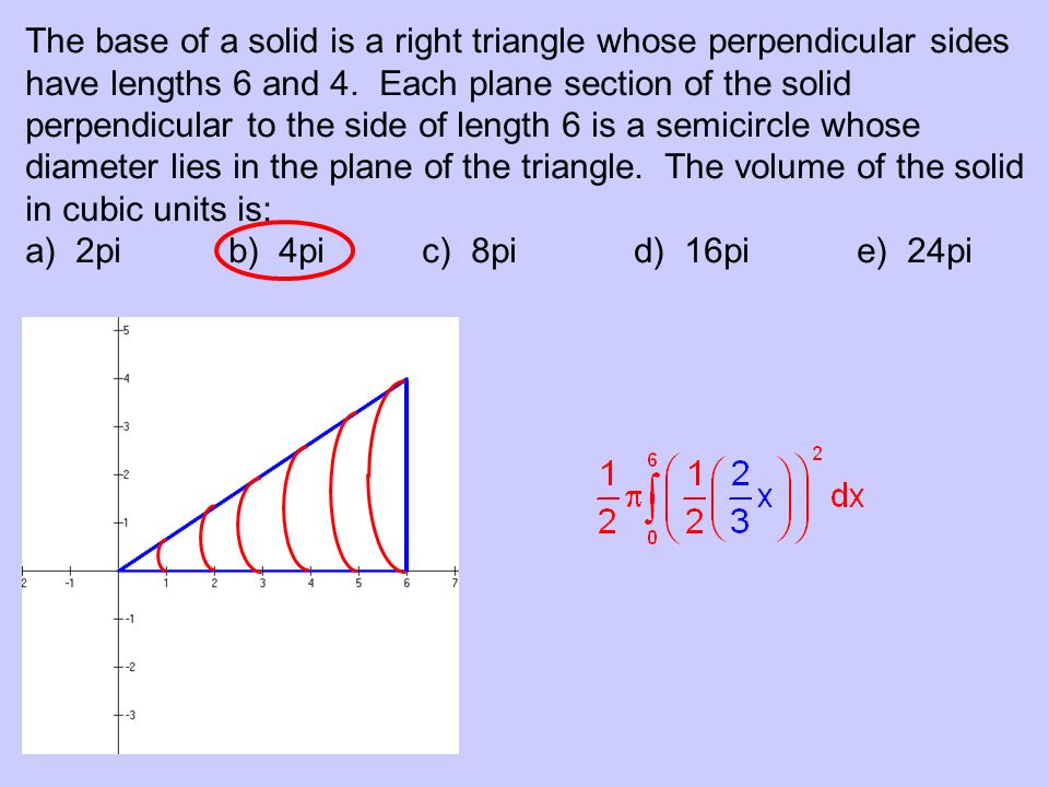 The base of a solid is a right triangle whose perpendicular sides