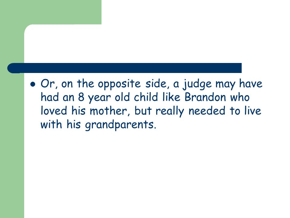 Or, on the opposite side, a judge may have had an 8 year old child like Brandon who loved his mother, but really needed to live with his grandparents.