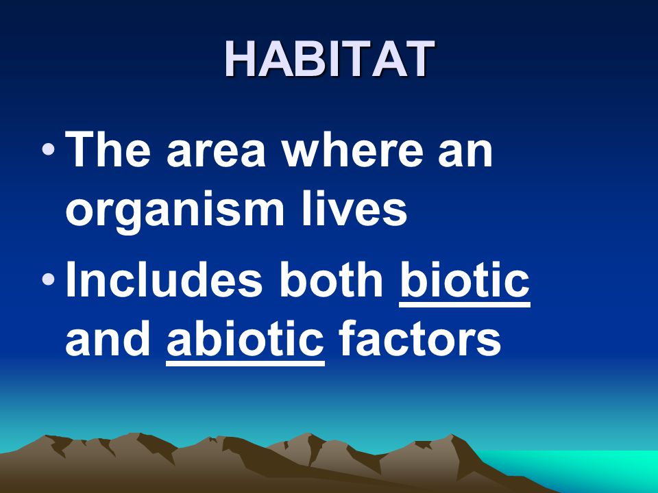 HABITAT The area where an organism lives Includes both biotic and abiotic factors