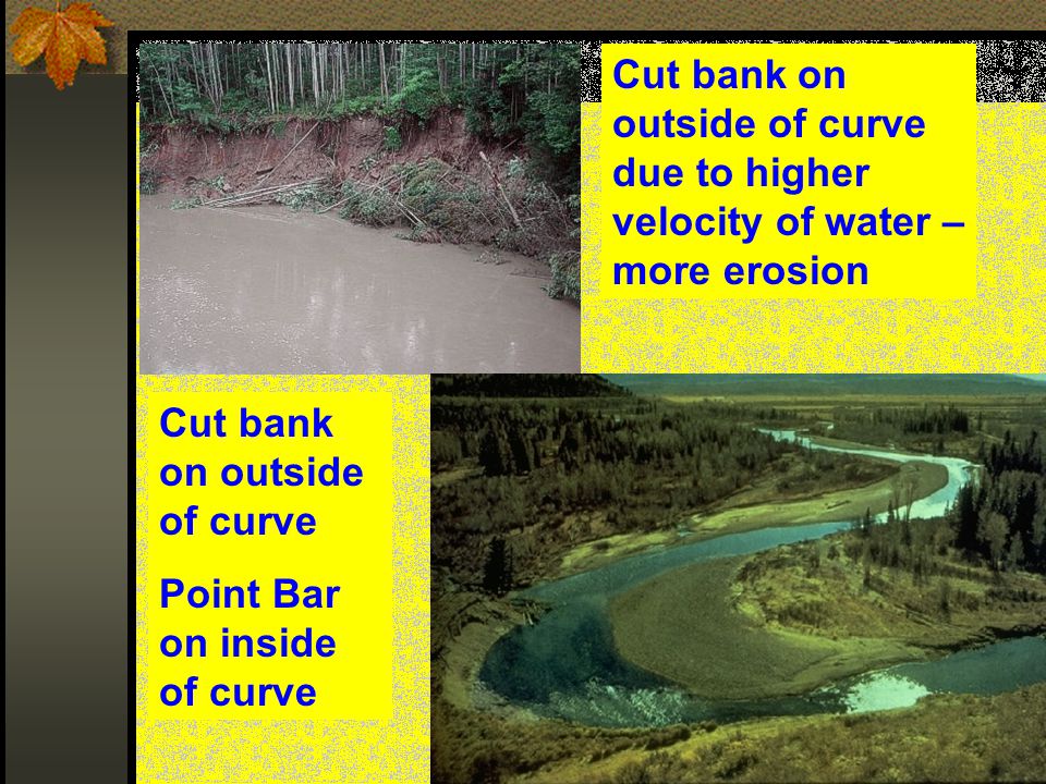 Cut bank on outside of curve due to higher velocity of water – more erosion