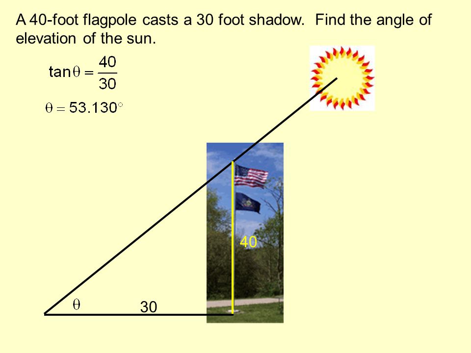 A 40-foot flagpole casts a 30 foot shadow. Find the angle of