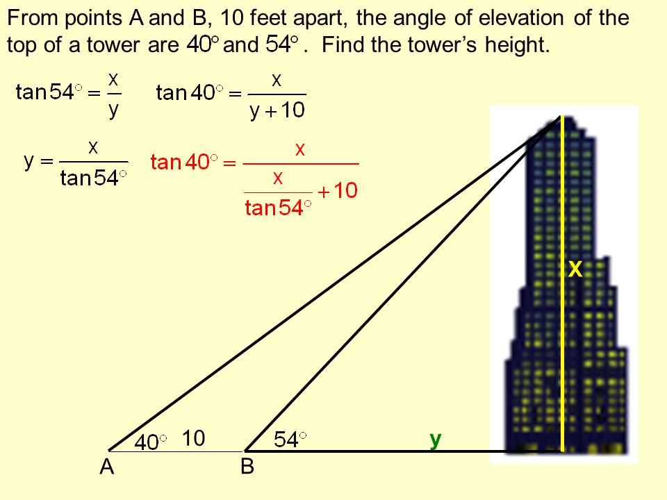 From points A and B, 10 feet apart, the angle of elevation of the top of a tower are and . Find the tower’s height.